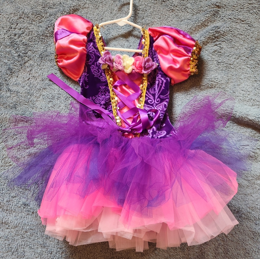 Pink satin & purple velvet Ballet costume, lace, bows &sequence, great condition